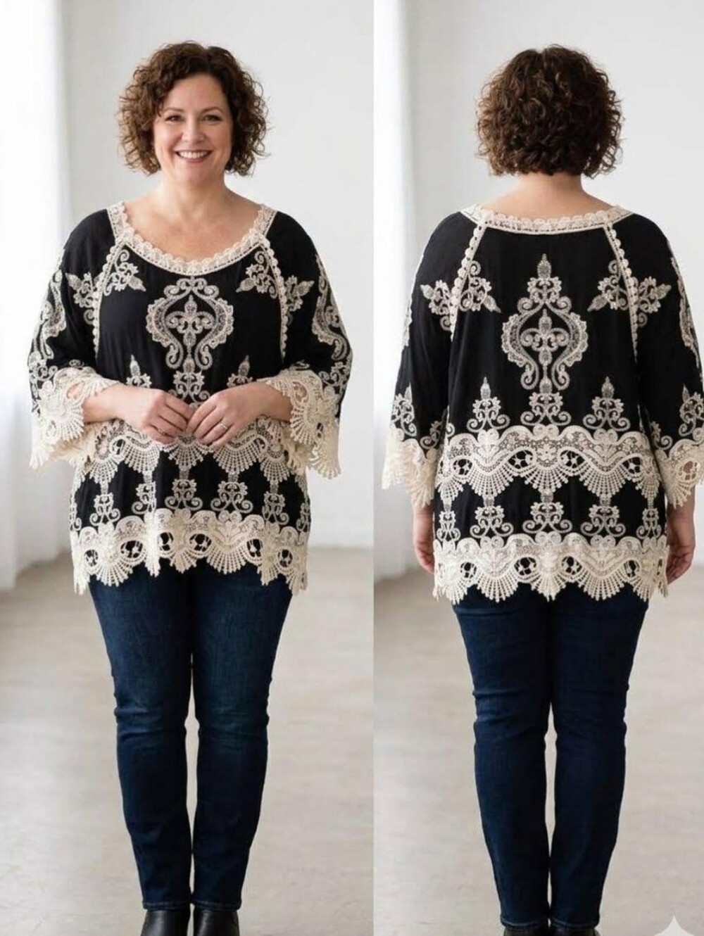Leo & Nicole Black Tunic with White Lace Embroidery Fringe Trim Boho-Chic 1X